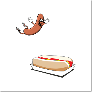 hot dog diving into a bun, hotdog Posters and Art